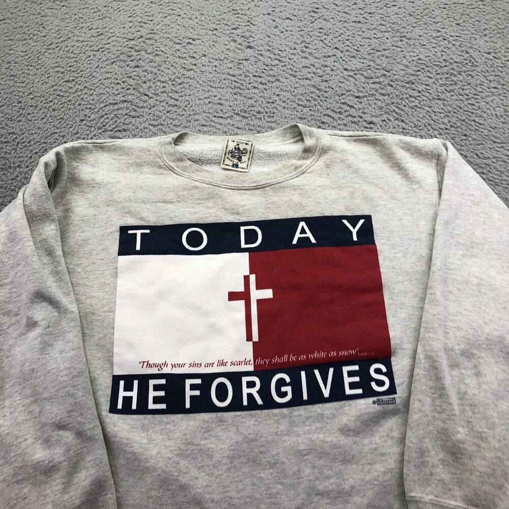 Vintage Religious Sweatshirt Mens Large Gray Crewneck Today He Forgives Cross